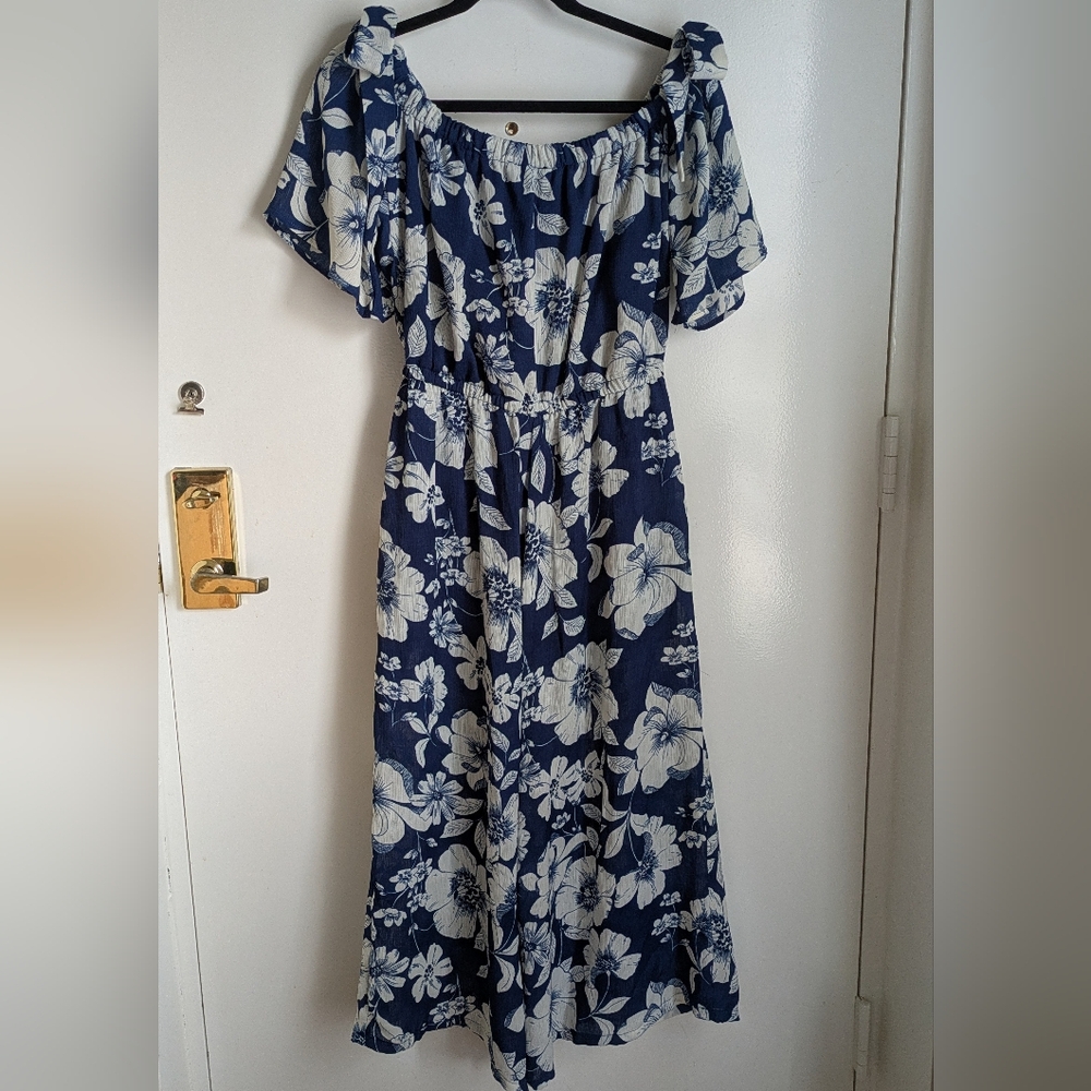 AUW Blue White Floral Tropical Wide Leg Jumpsuit w/ Pockets Shoulder Ties - Picture 3 of 16
